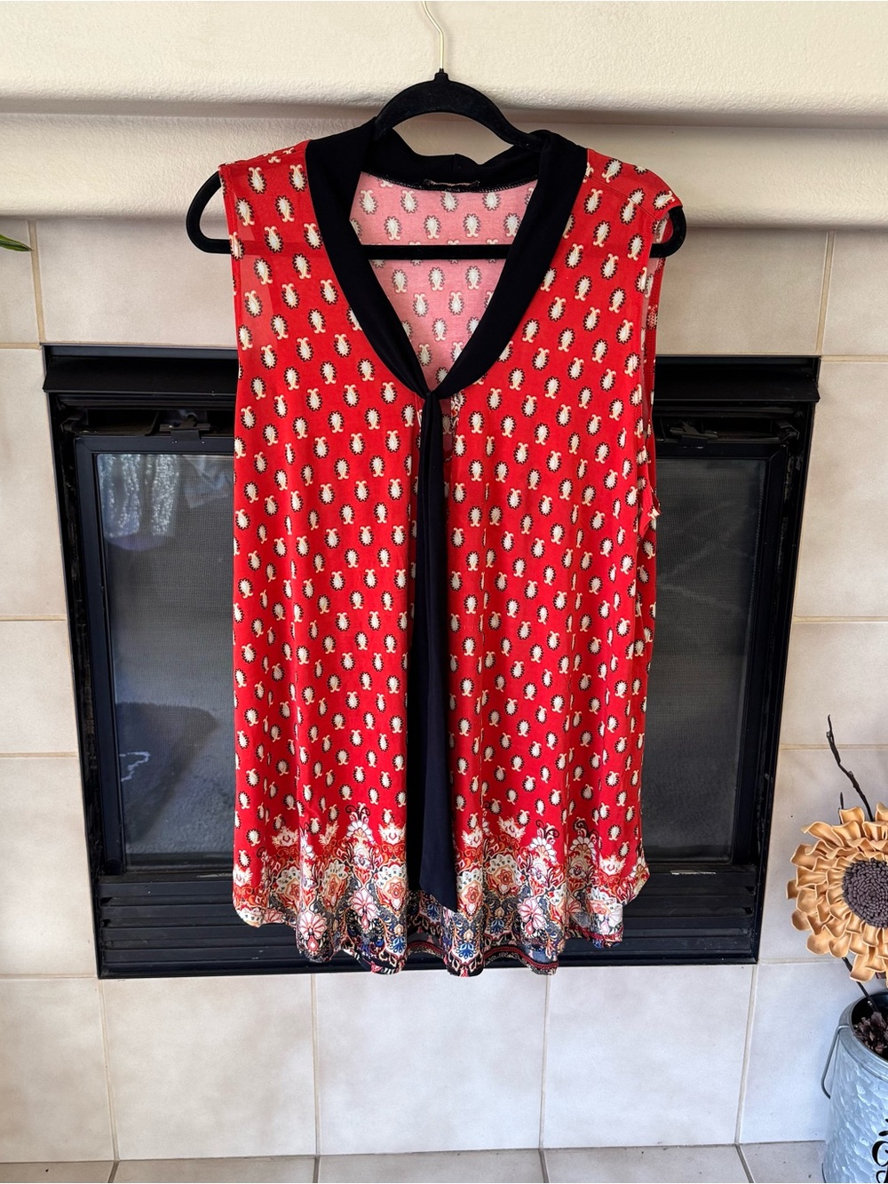 Diamond Supply Co. Red Sleeveless V-Neck Tunic with Black Trim and Printed Hem